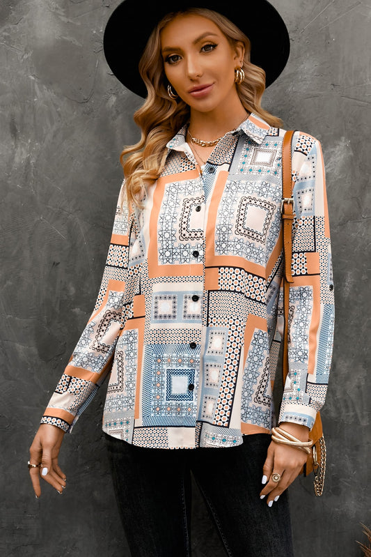 Patchwork Print Button Down Curved Hem Shirt