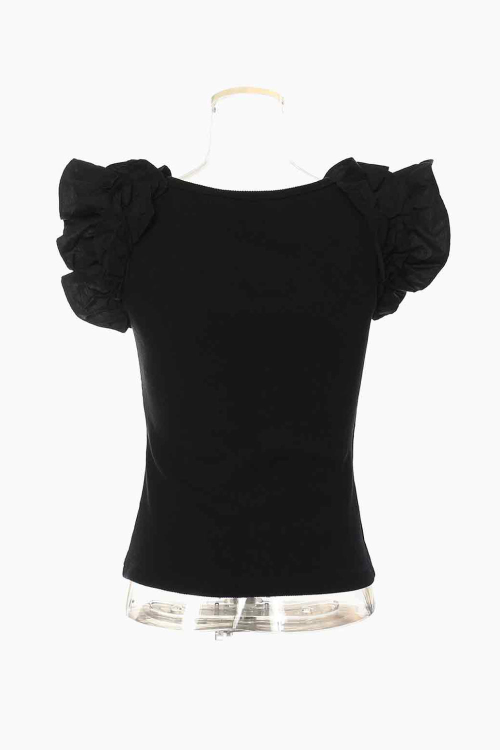 Ruffle Shoulder Scoop Neck Ribbed Top