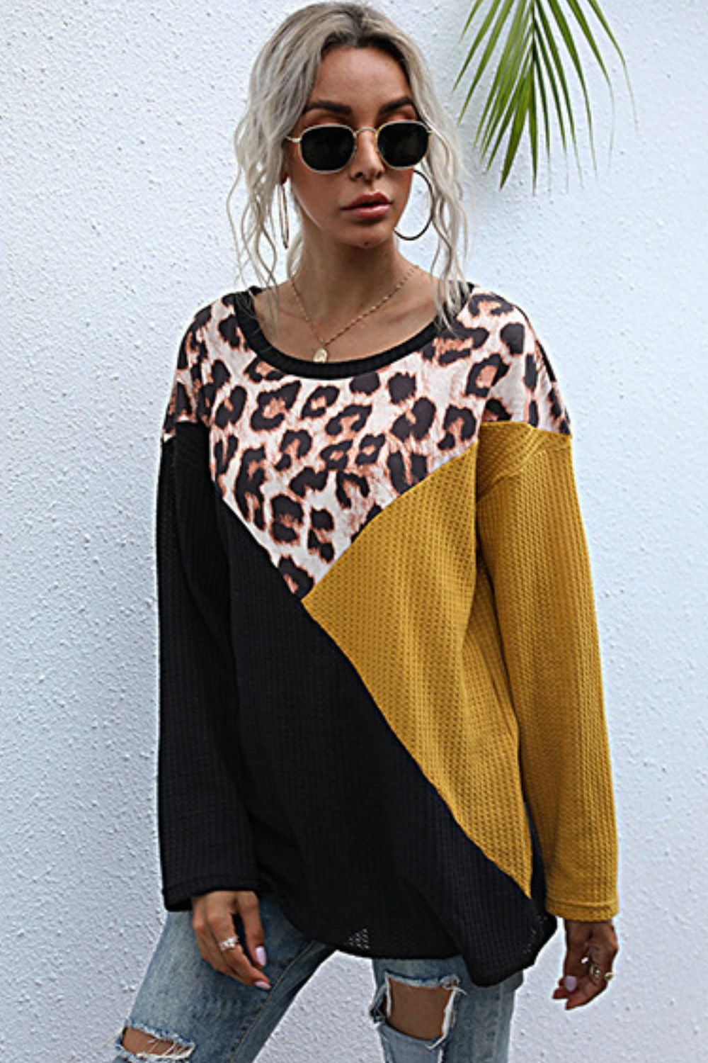 Leopard Color Block Waffle-Knit Top