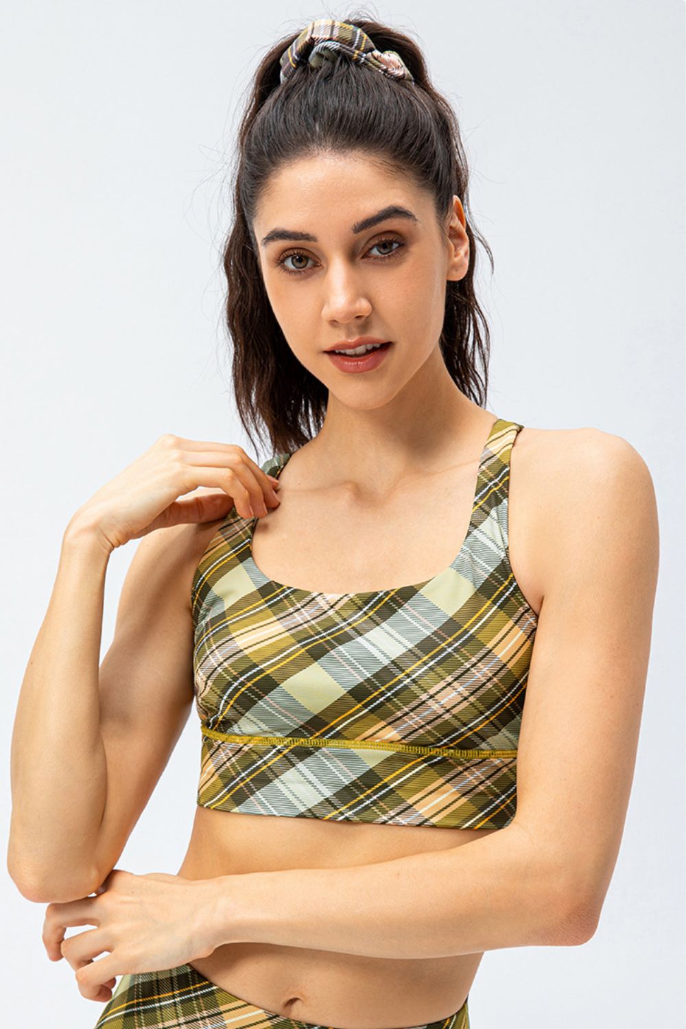 Plaid Double Crisscross Strap Sports Bra