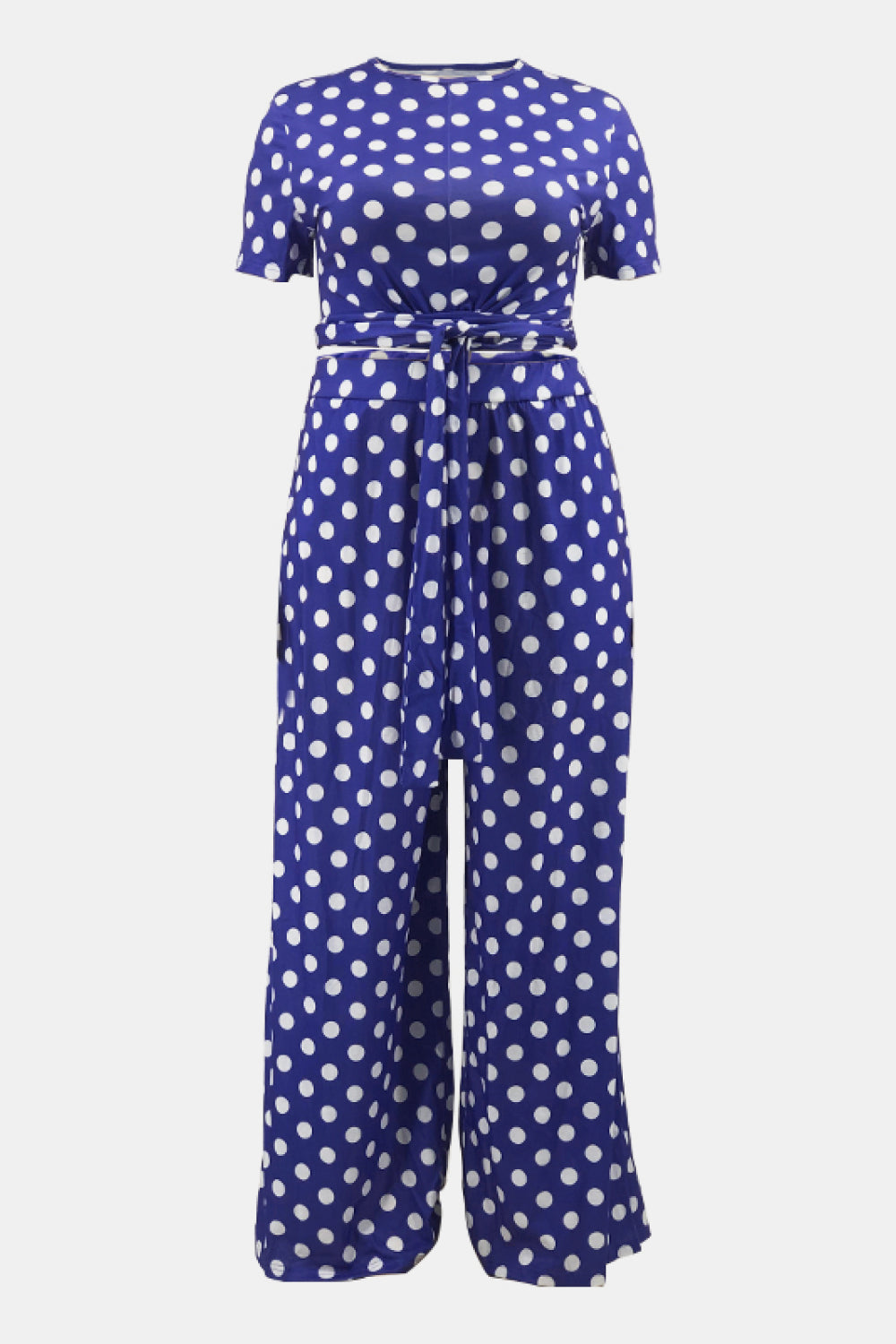 Plus Size Polka Dot Short Sleeve Top and Wide Leg Pants Set