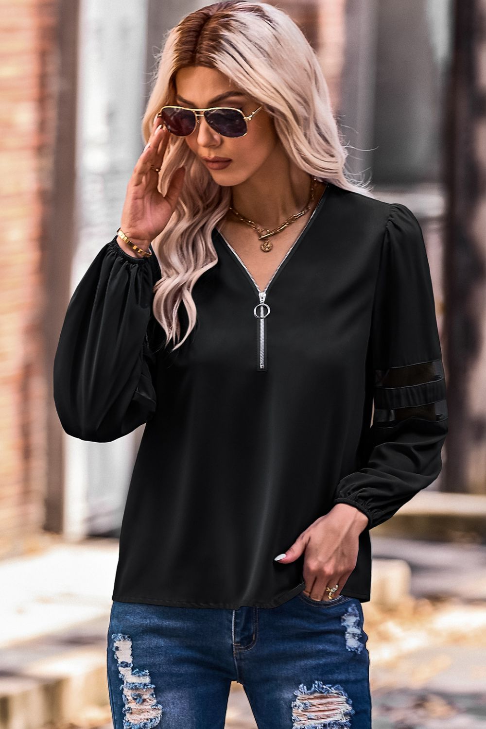 Zip Up V-Neck Puff Sleeve Top