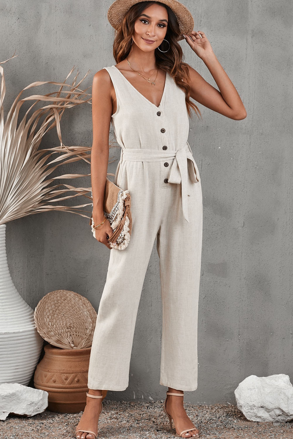 Belted V-Neck Sleeveless Jumpsuit with Pockets