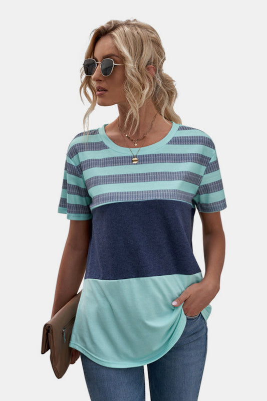 Striped Color Block Round Neck Top