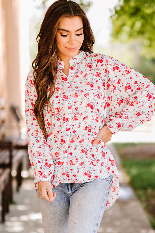 Floral Band Collar High-Low Blouse