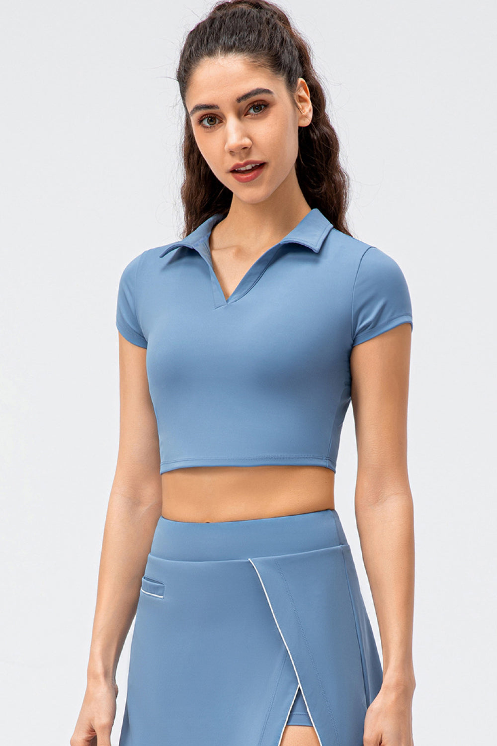 Cropped Short Sleeve Collared Yoga Top