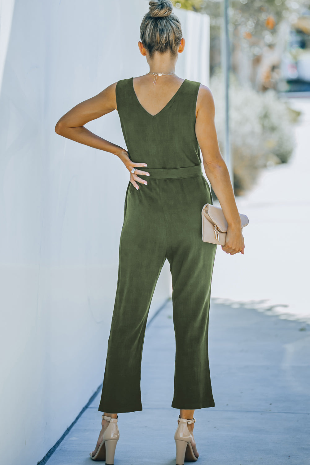 Belted V-Neck Sleeveless Jumpsuit with Pockets