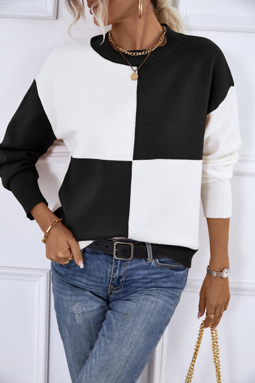 Color Block Ribbed Trim Dropped Shoulder Knit Pullover