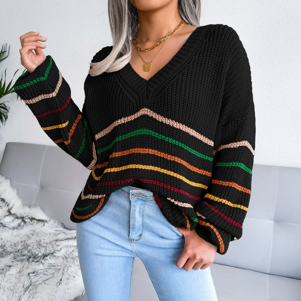 Striped V-Neck Lantern Sleeve Sweater