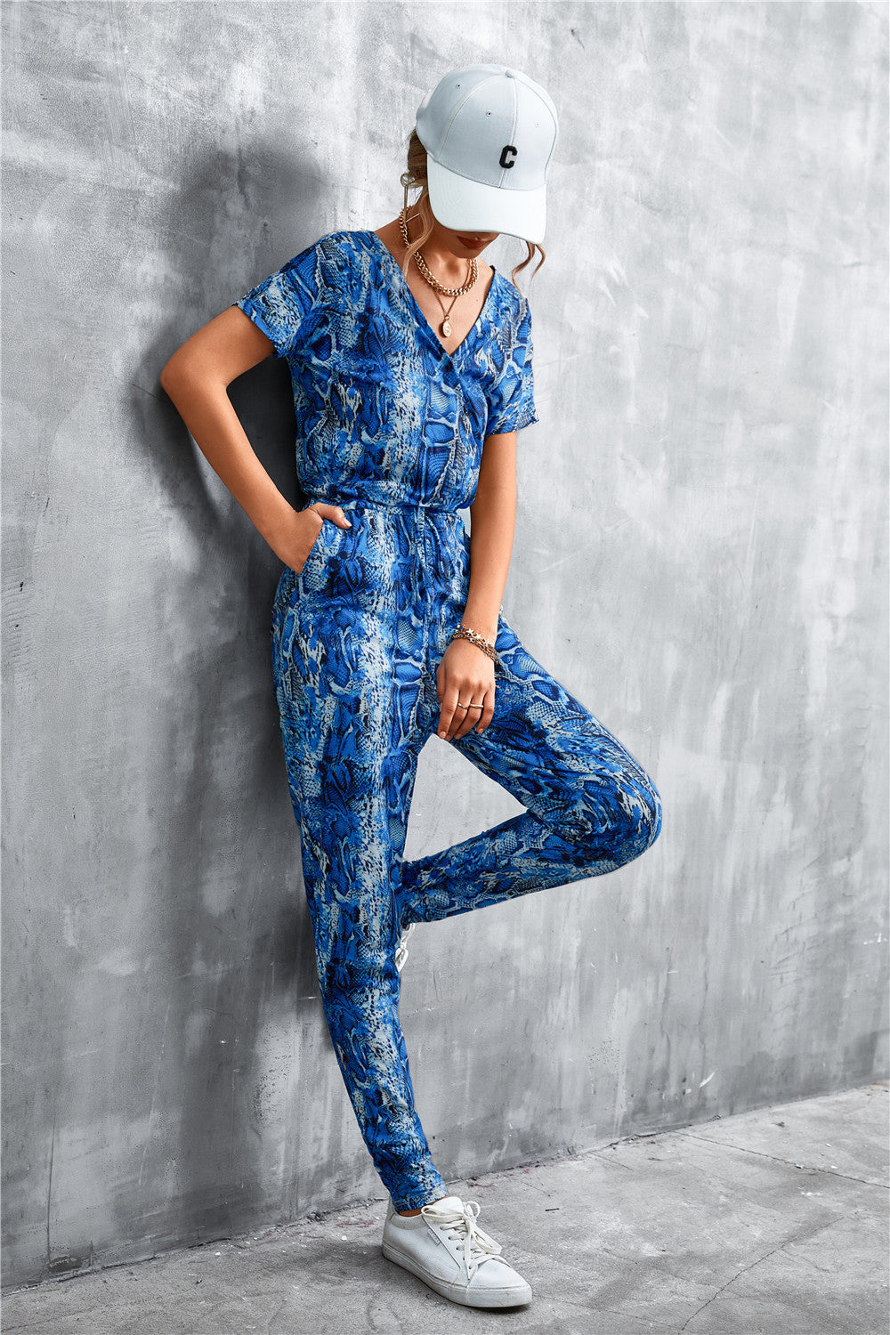 Animal Print V-Neck Jumpsuit with Pockets