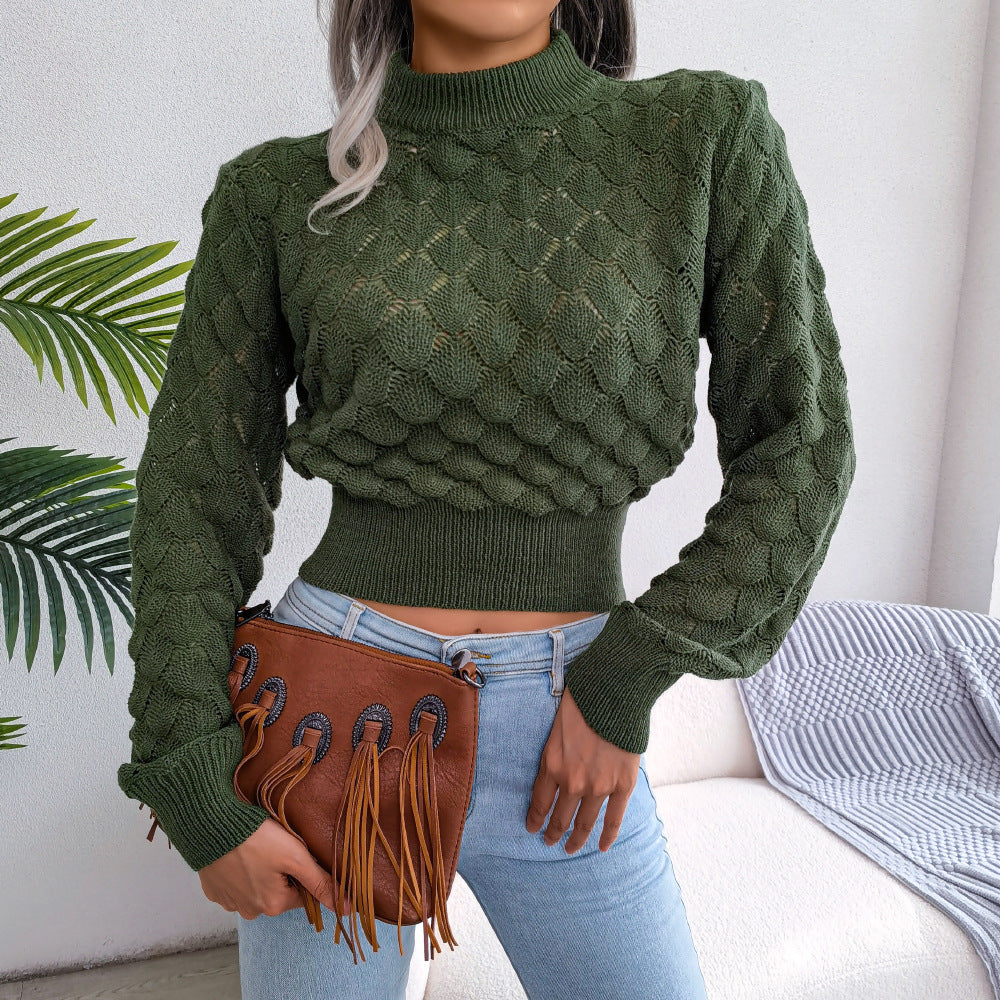 Openwork Ribbed Trim Mock Neck Cropped Sweater