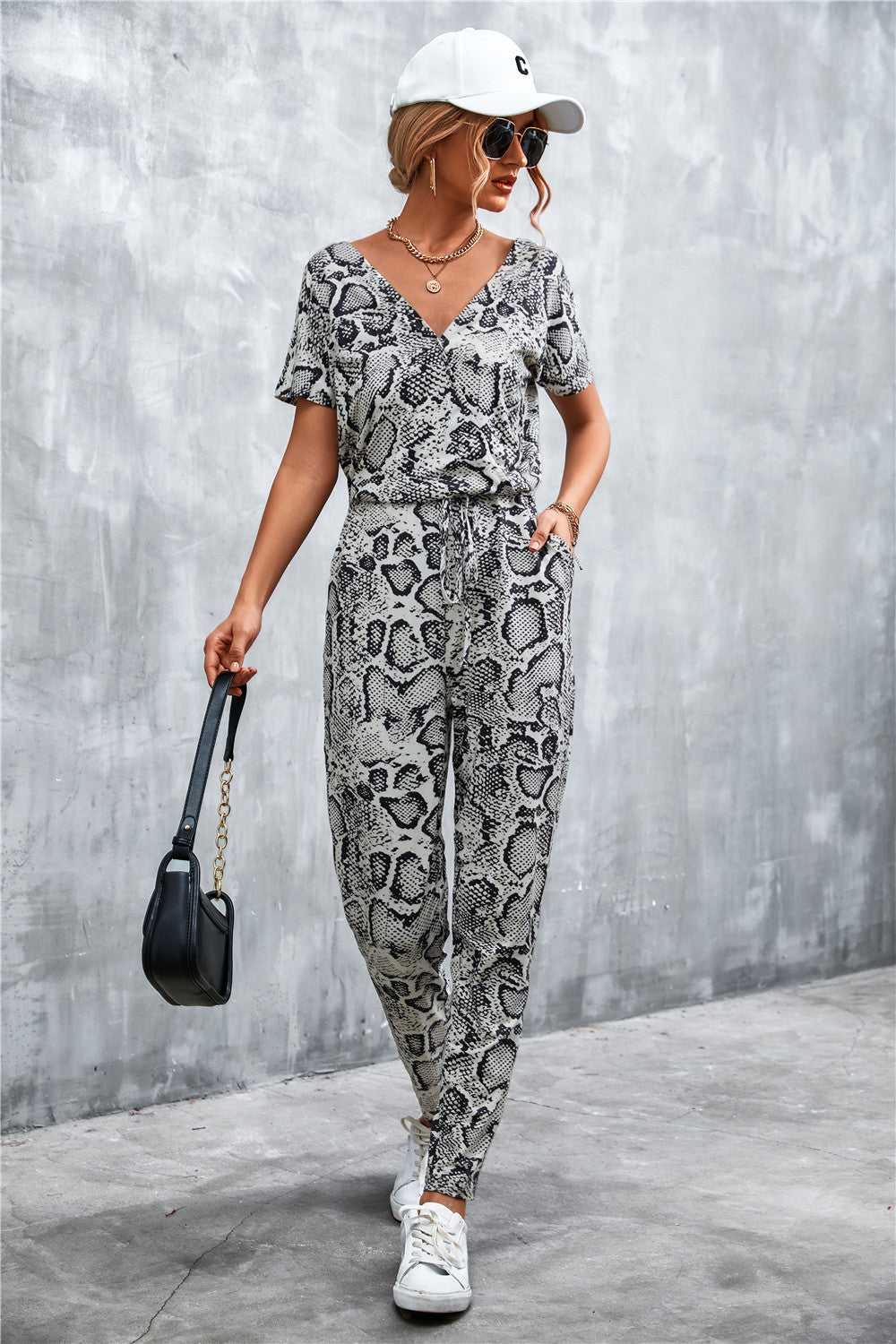 Animal Print V-Neck Jumpsuit with Pockets