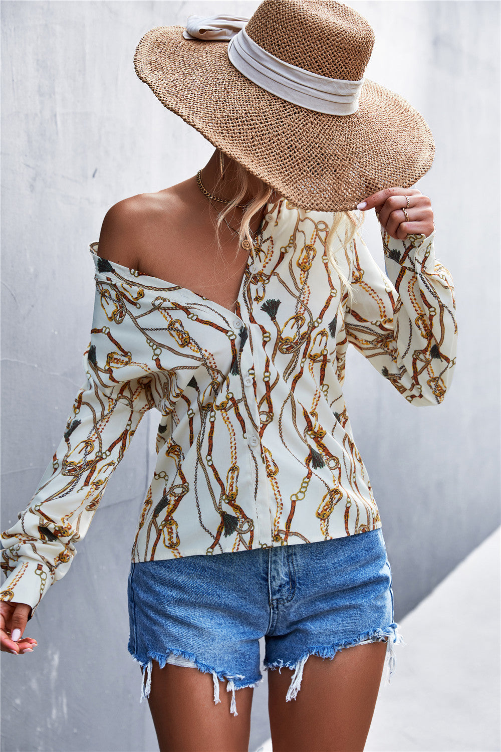 Scarf Print Button Down Blouse