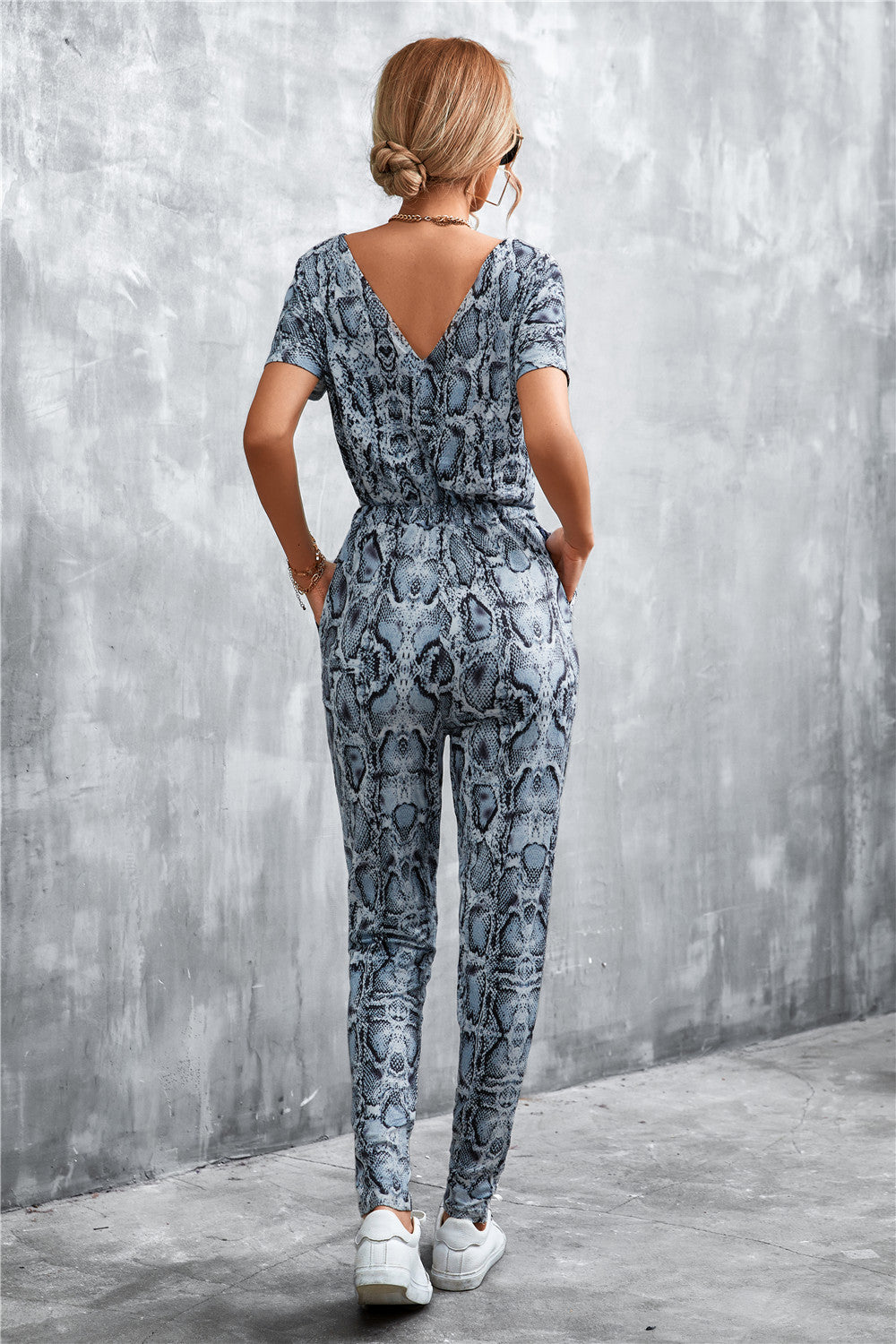 Animal Print V-Neck Jumpsuit with Pockets