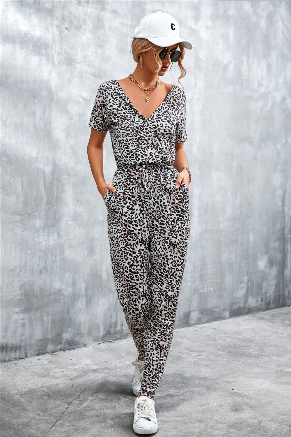 Animal Print V-Neck Jumpsuit with Pockets