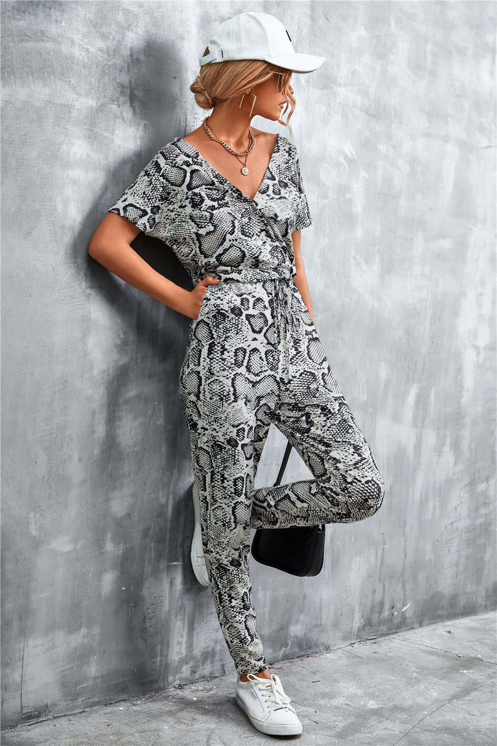 Animal Print V-Neck Jumpsuit with Pockets