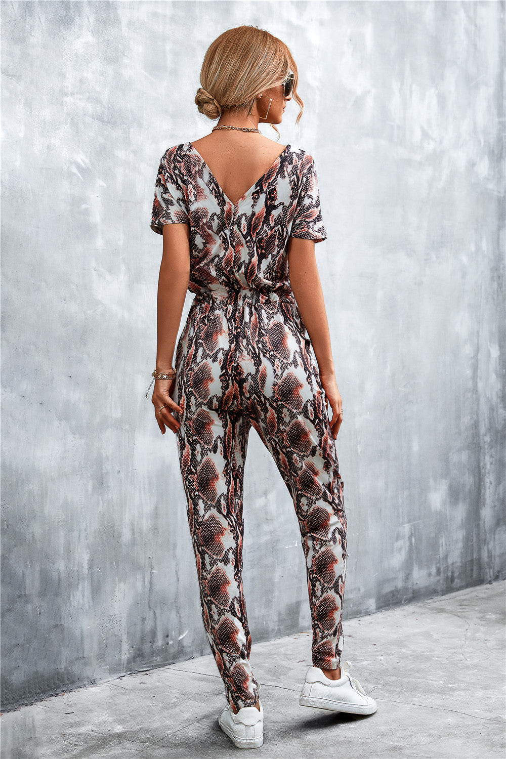 Animal Print V-Neck Jumpsuit with Pockets