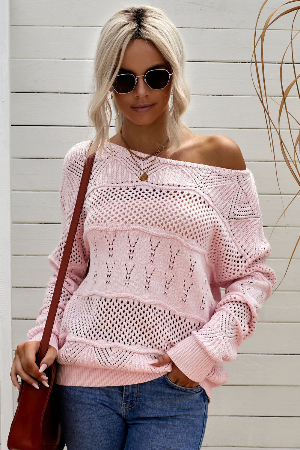 Openwork Boat Neck Pullover Sweater