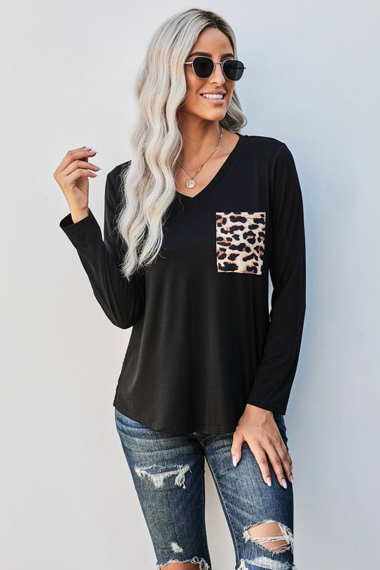 Contrast Leopard V-Neck Pocket Blouse