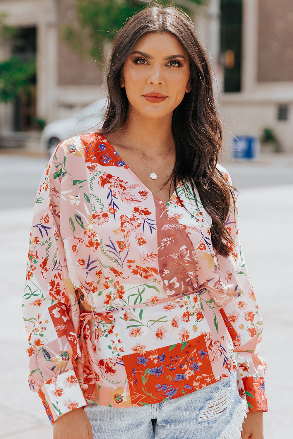 Floral Patchwork Tied Long Sleeve Blouse