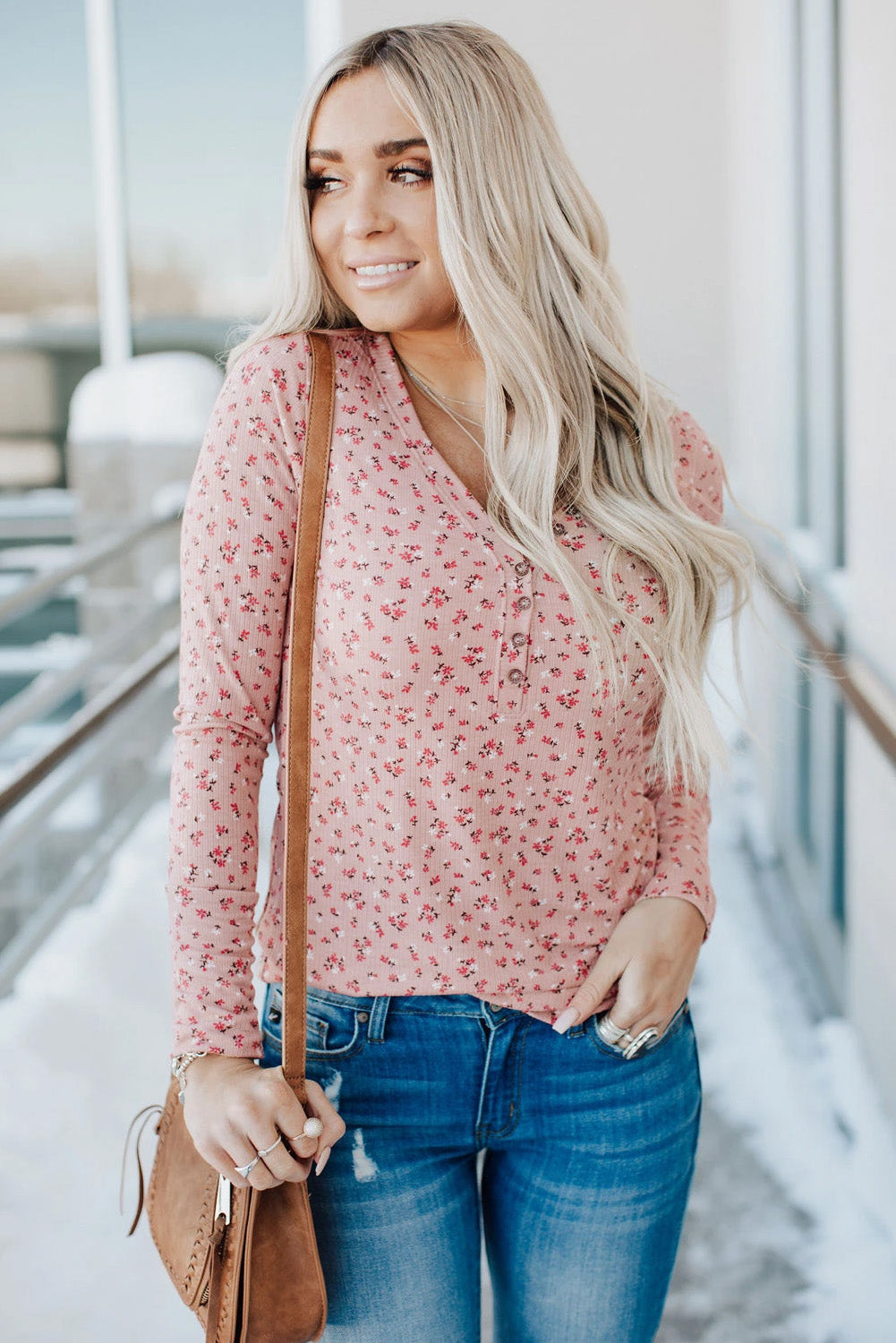 Button V-Neck Floral Top