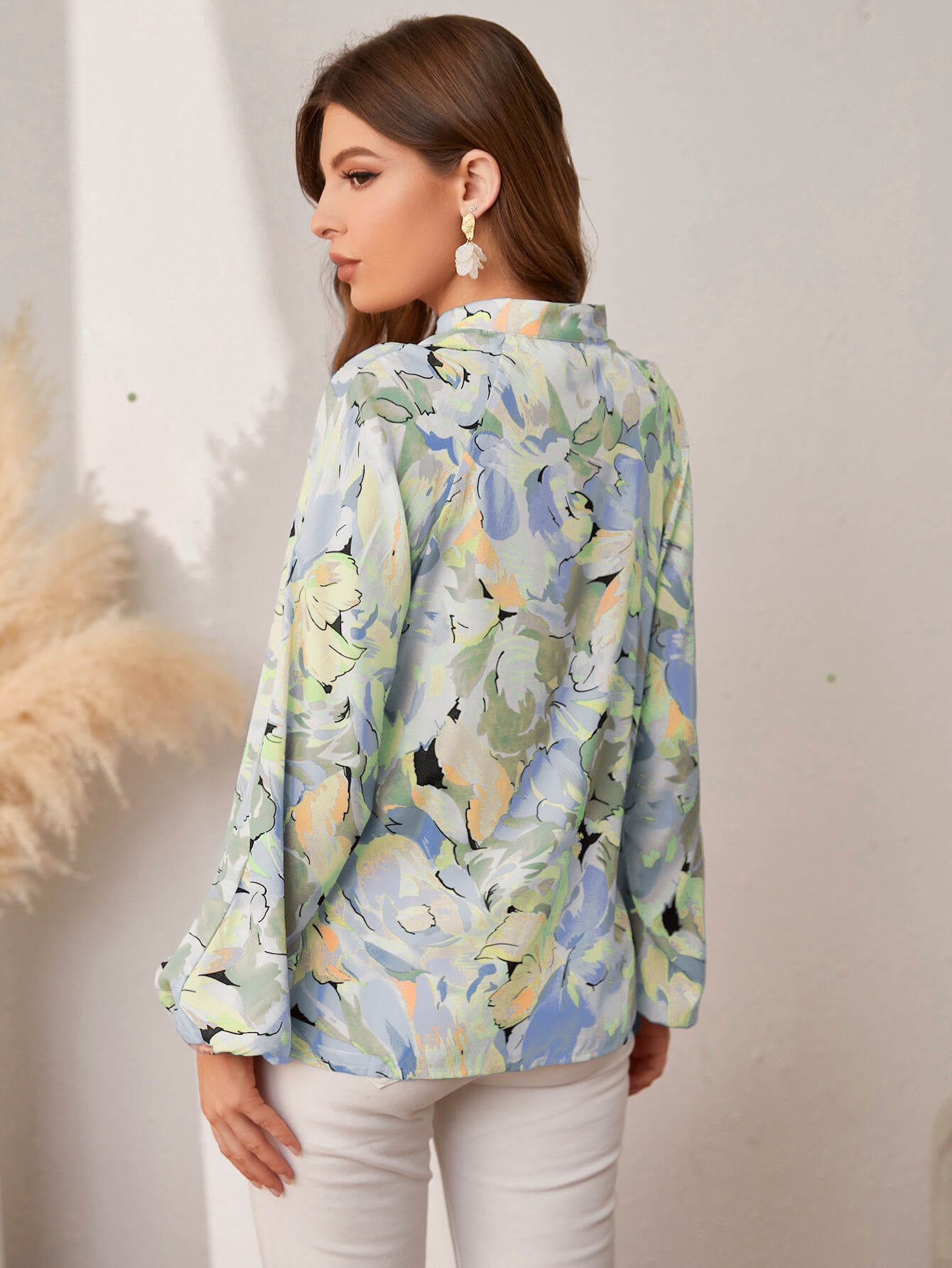 Floral Button Front Balloon Sleeve Shirt