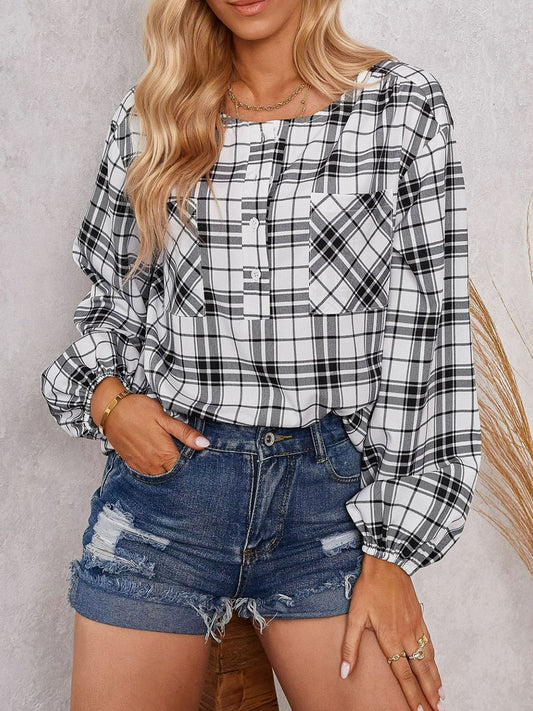 Plaid Scoop Neck Balloon Sleeve Henley