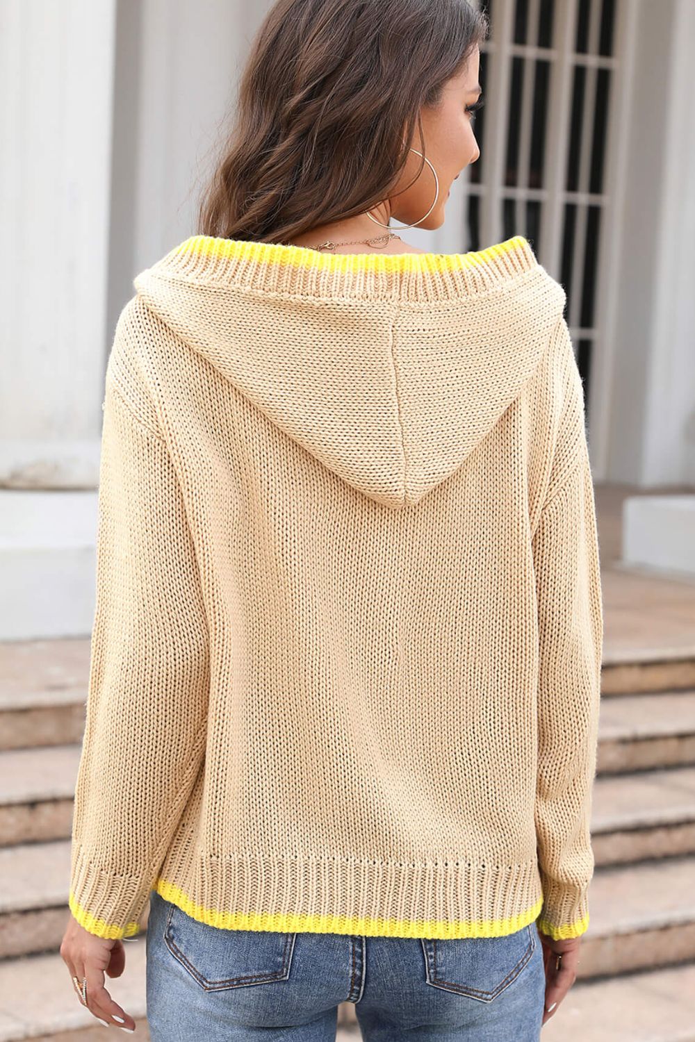 Contrast Trim Hooded Sweater with Pockets