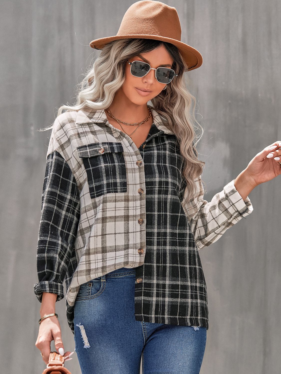 Two-Tone Plaid Button Front Shirt