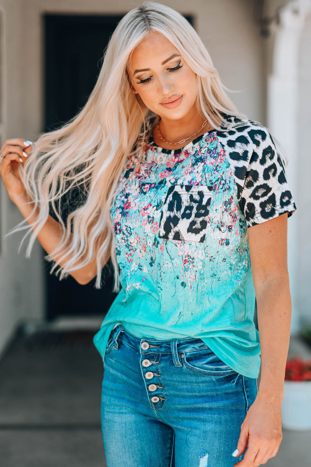 Mixed Print Tie-Dye Raglan Sleeve T-Shirt