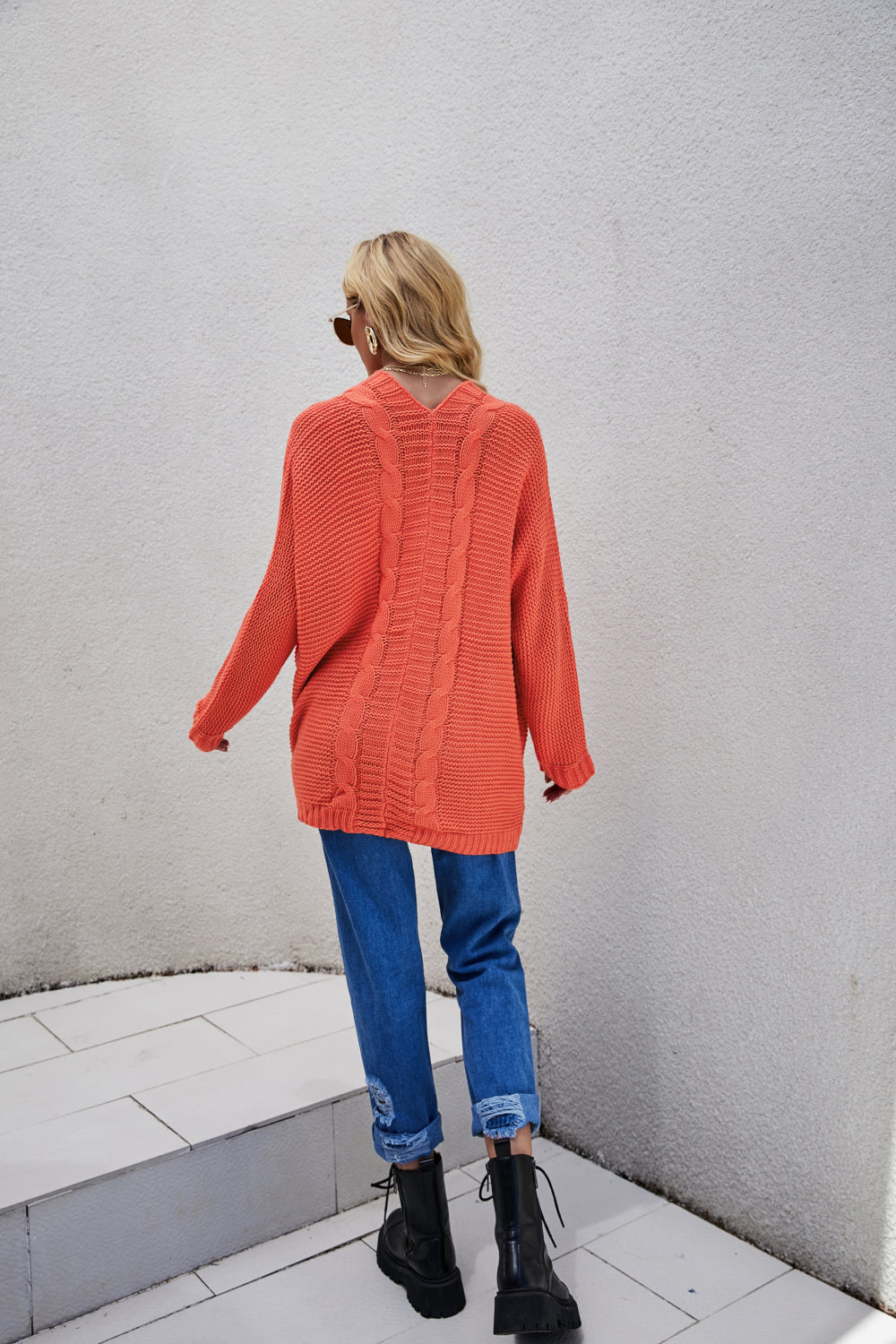 Cable-Knit Curved Hem Open Front Cardigan