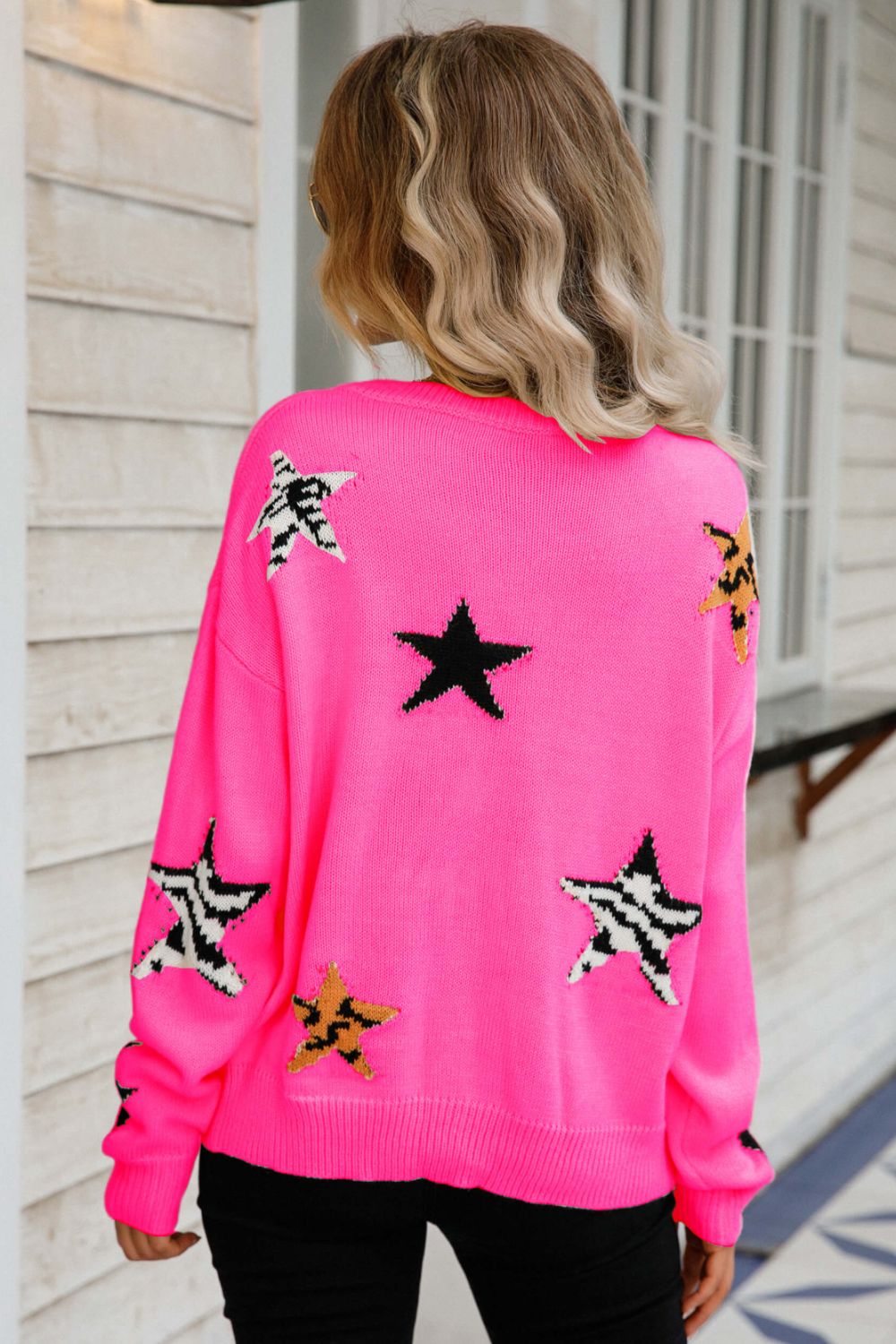 Star Pattern Round Neck Dropped Shoulder Sweater