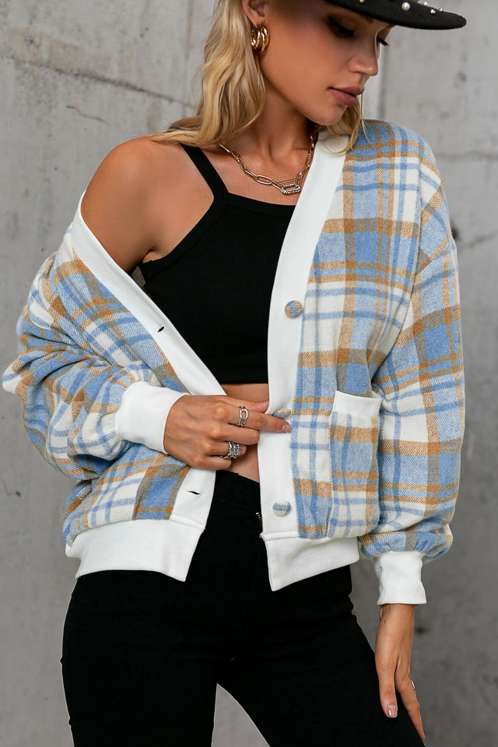 Plaid Button Down Jacket with Pockets