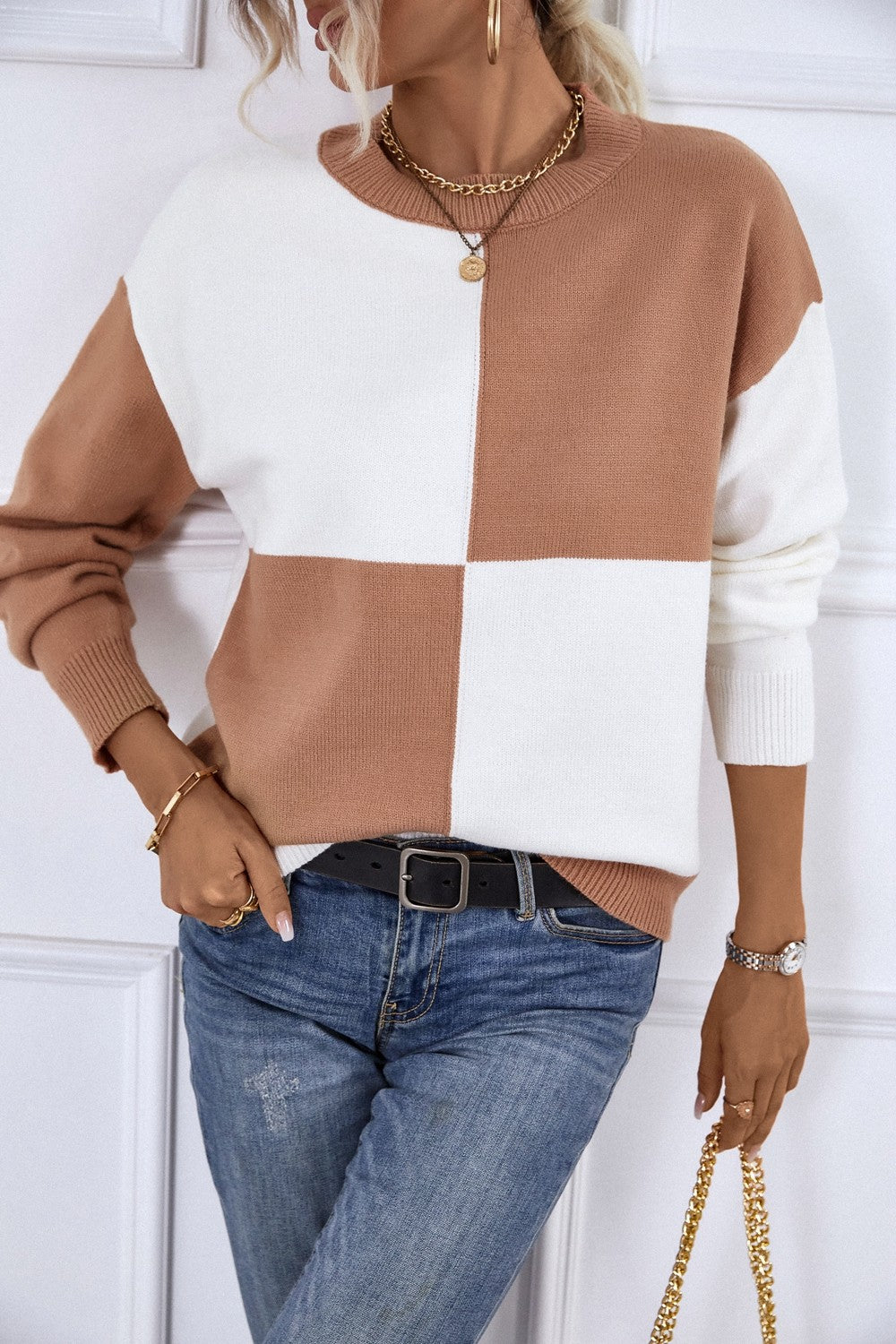 Color Block Ribbed Trim Dropped Shoulder Knit Pullover