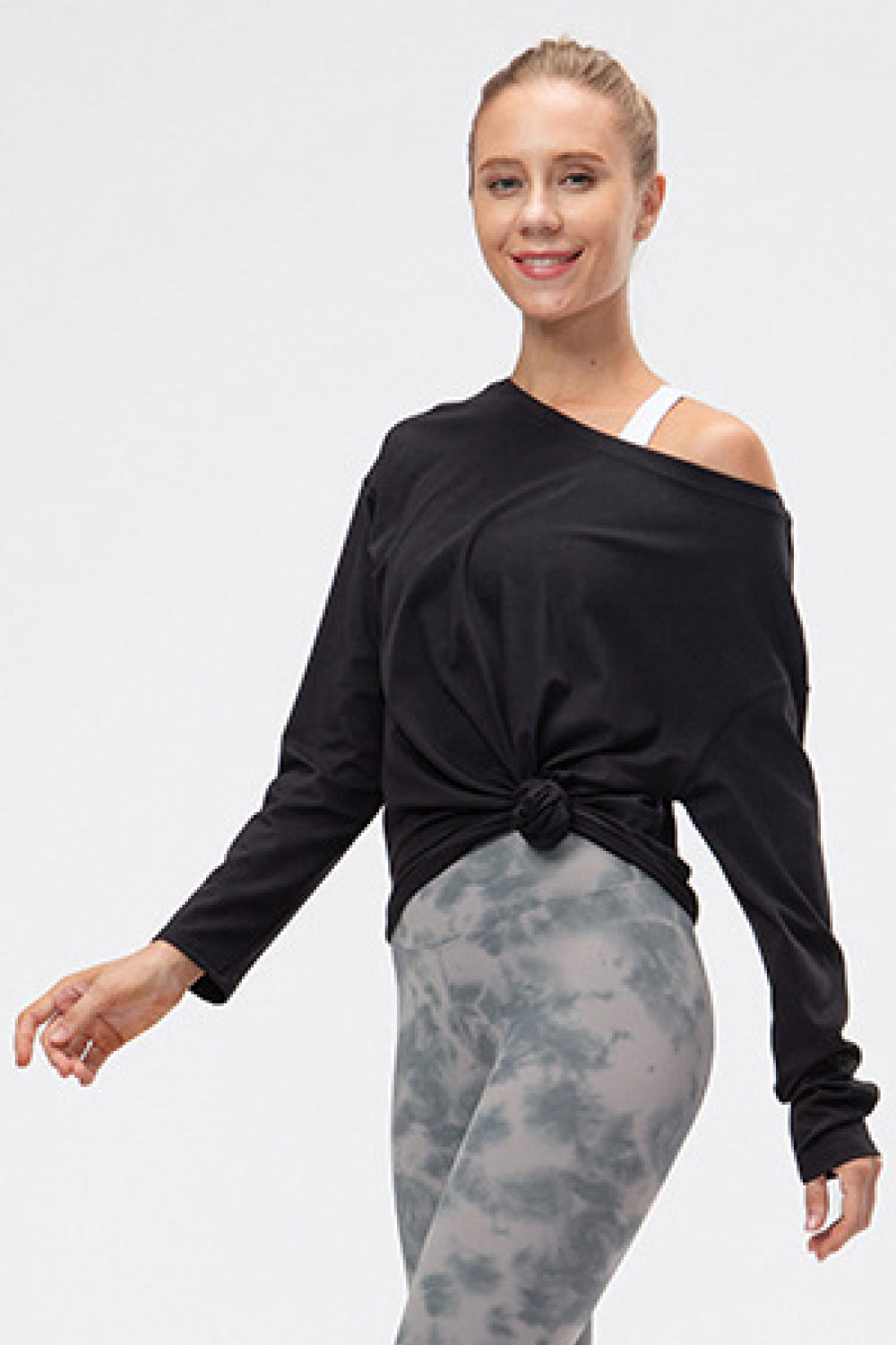 Exposed Seam Boat Neck Long Sleeve Yoga Tee