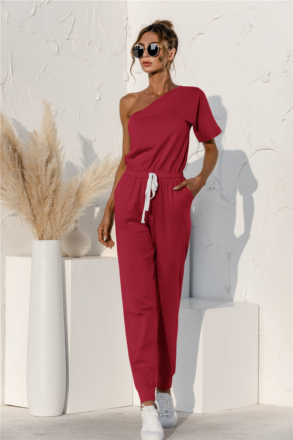 One Shoulder Knot Waist Jumpsuit