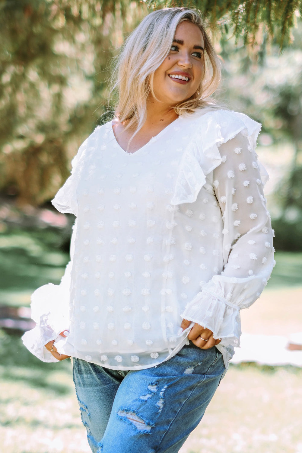 Plus Size Swiss Dot Ruffled Blouse