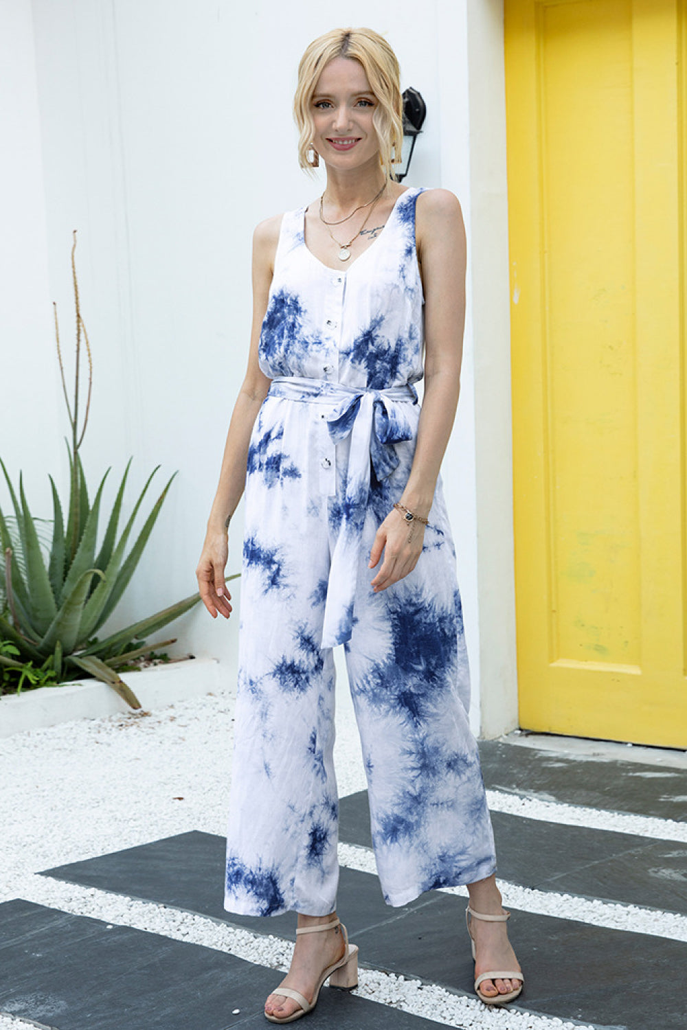 Tie-Dye Button Up Belt Jumpsuit