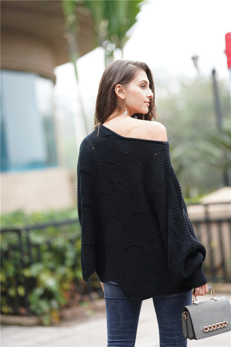 Openwork Boat Neck Sweater with Scalloped Hem