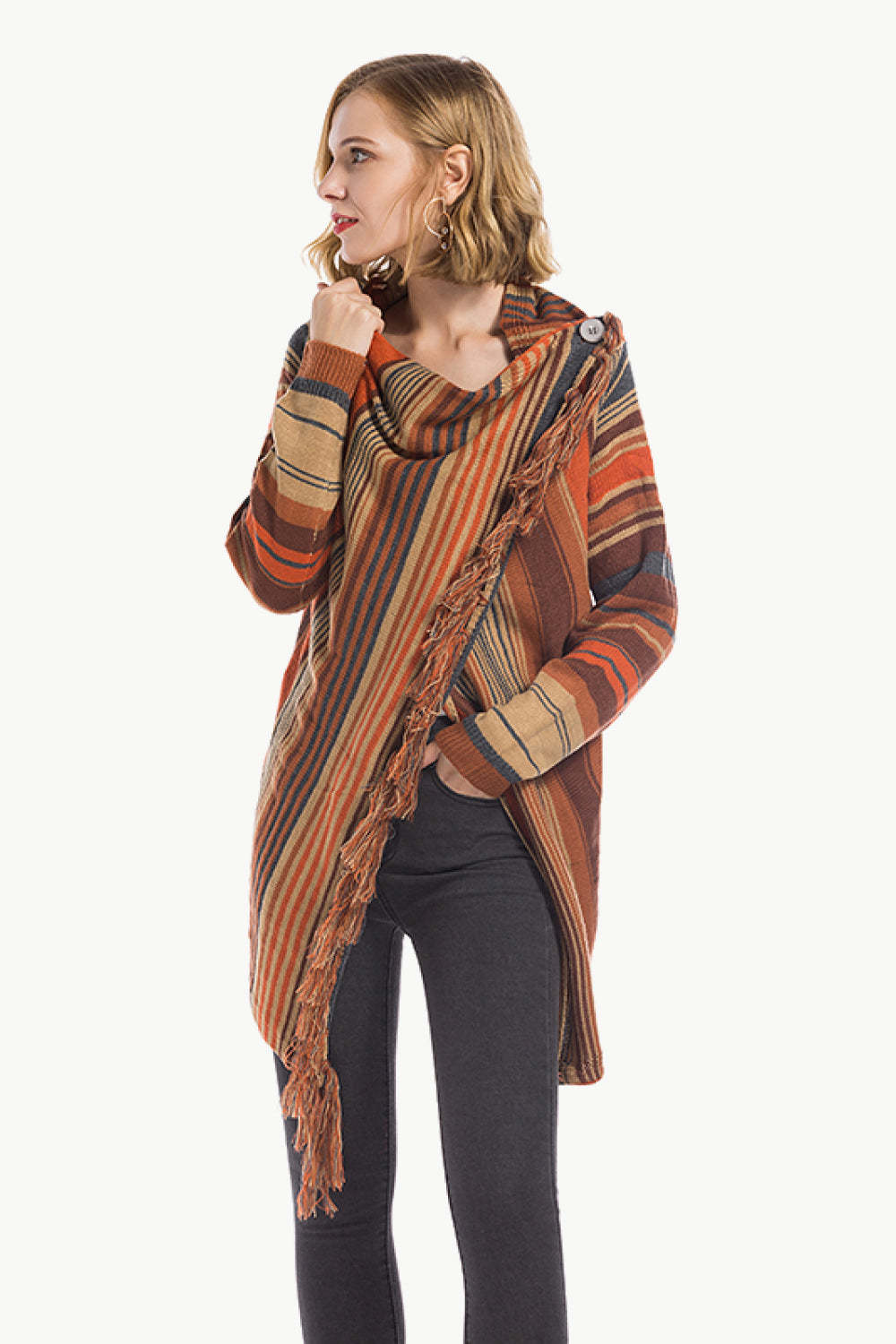 Striped Asymmetrical Tassel Detail Cardigan