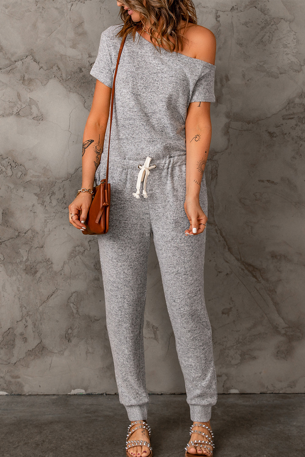 One-Shoulder Drawstring Jumpsuit with Pockets