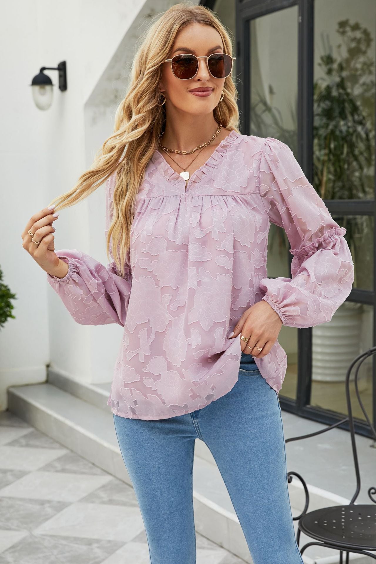 Applique Frill Trim Gathered Detail Blouse