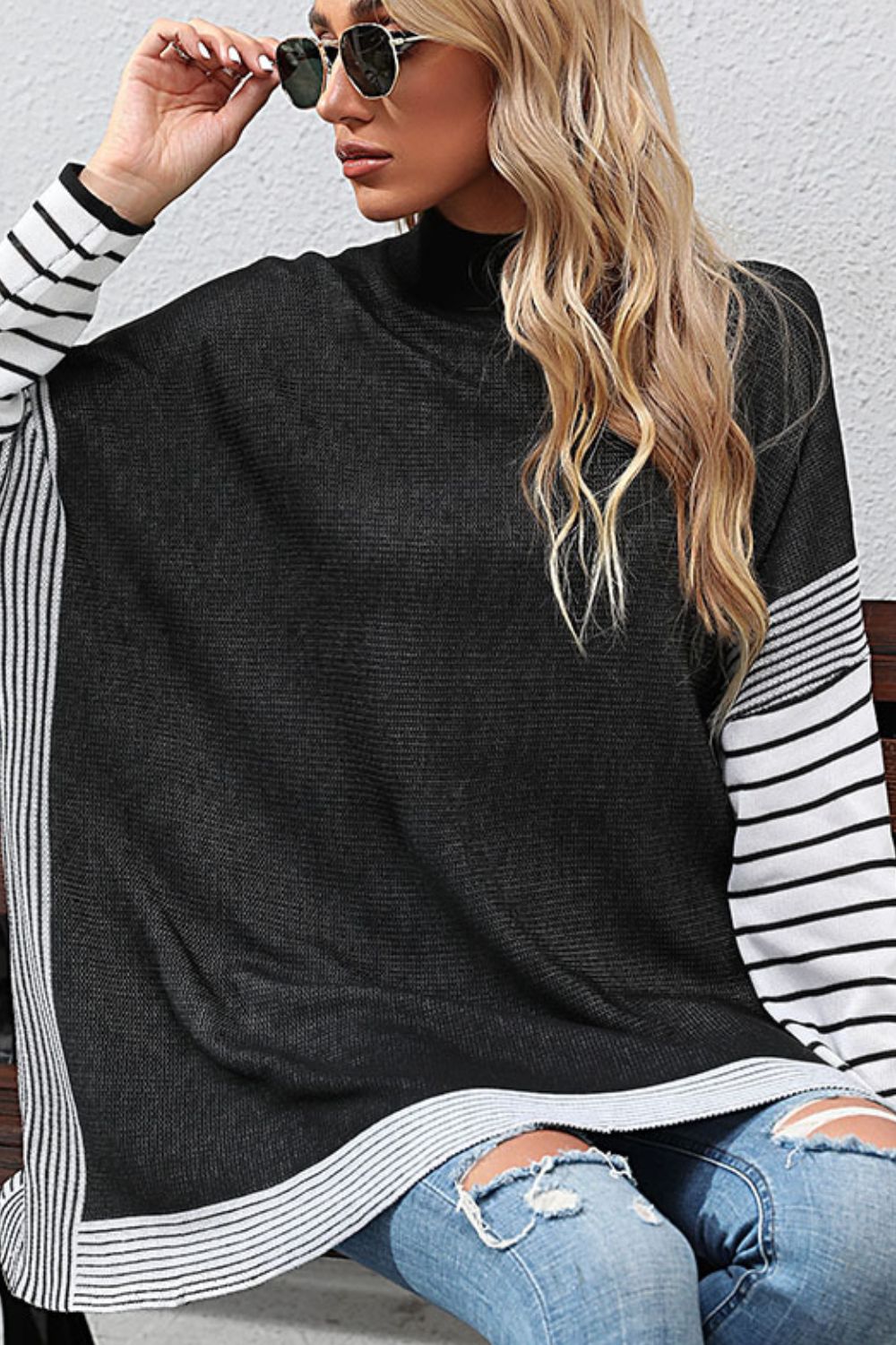 Striped Dolman Sleeve Mock Neck Knit Pullover