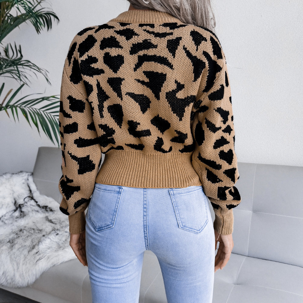 Abstract Print Ribbed Trim Long Sleeve Sweater