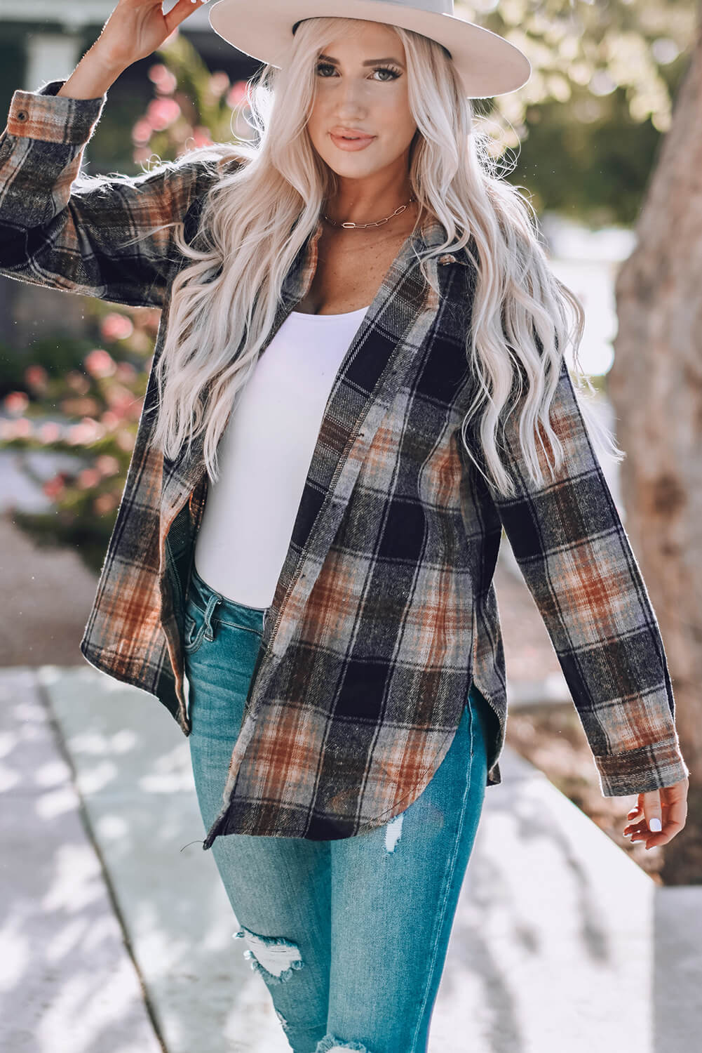 Plaid Side Slit Curved Hem Shirt