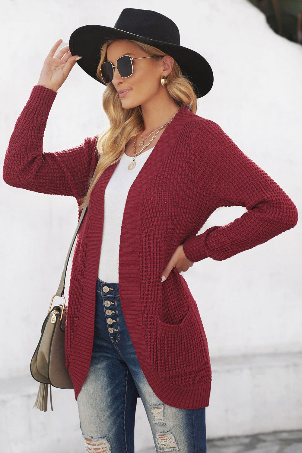 Open Front Curved Knit Cardigan Sweater