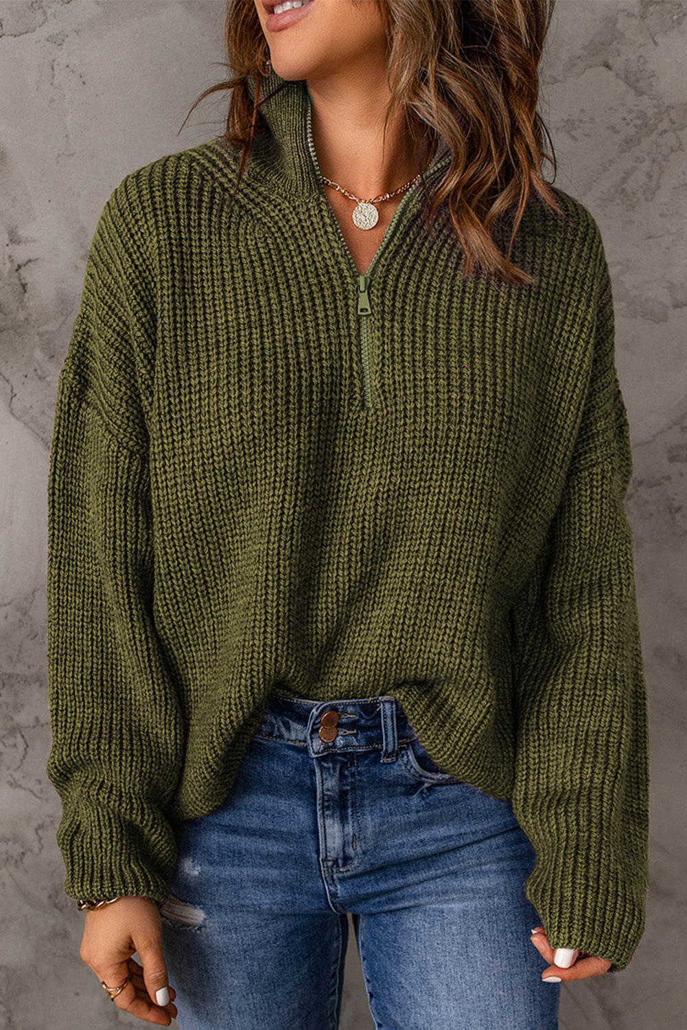 Half Zip Rib-Knit Dropped Shoulder Sweater