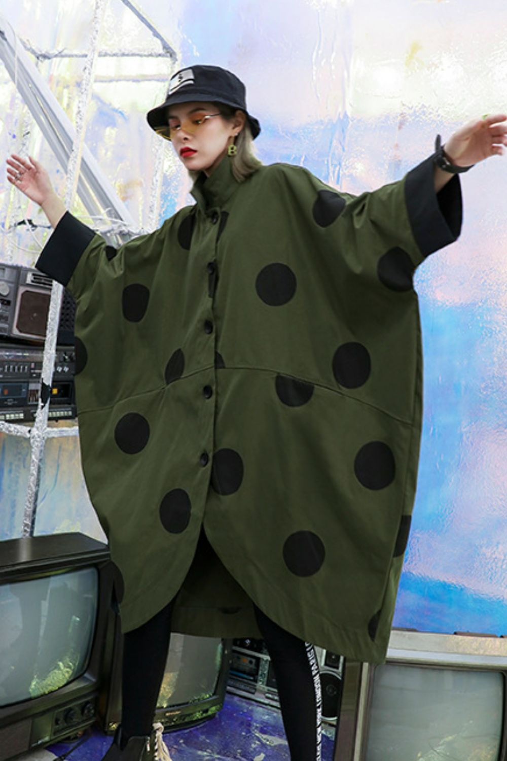 Polka Dot Tulip Hem Longline Shirt Jacket