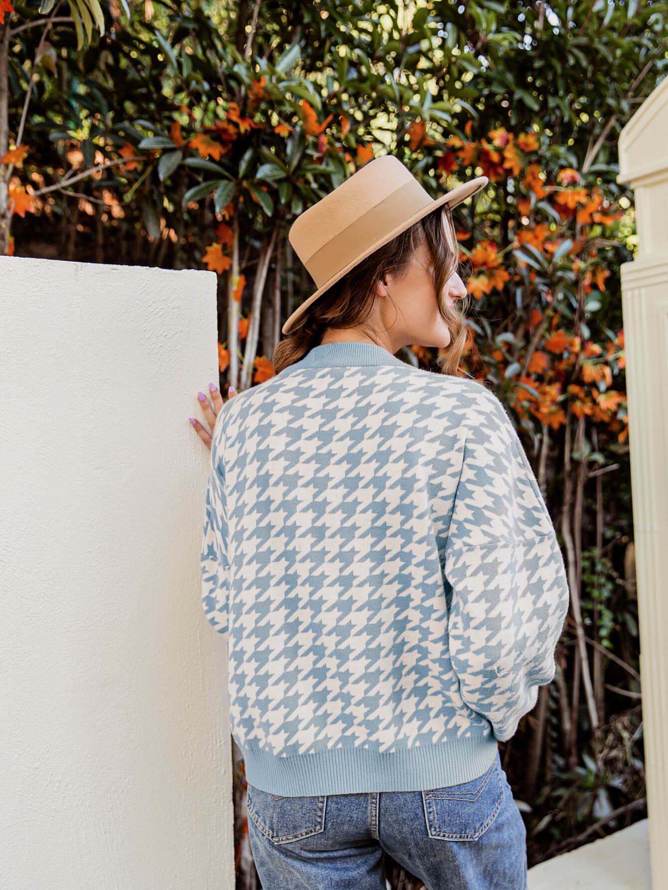 Houndstooth Ribbed Trim Sweater