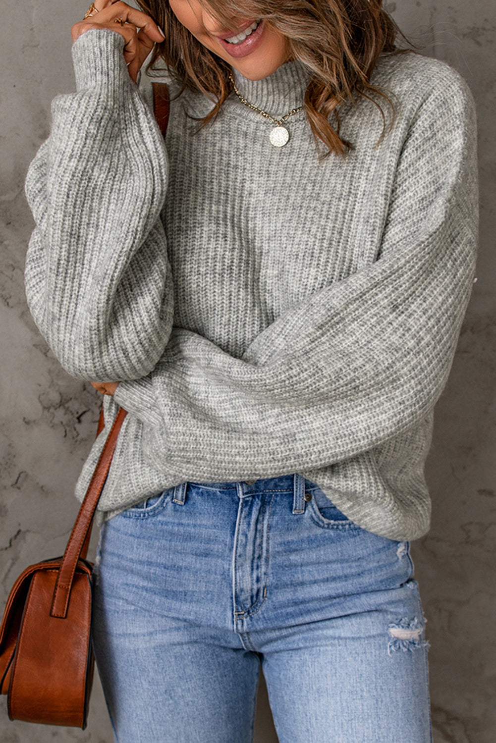 Heathered Balloon Sleeve Rib-Knit Sweater